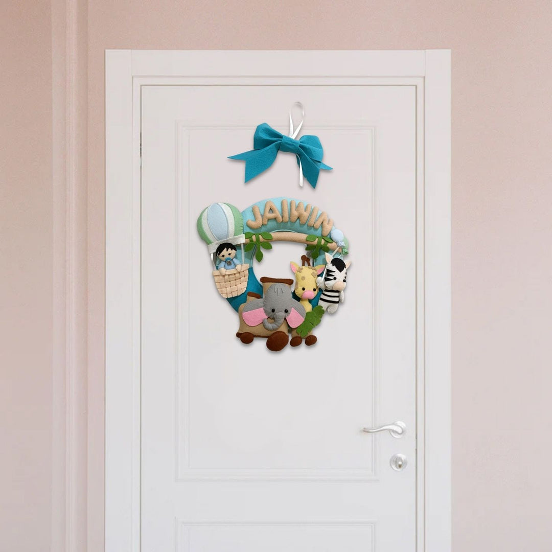 Personalized Kids Jungle Themed Round Felt Nameplate - Hanging on Door with Ribbon