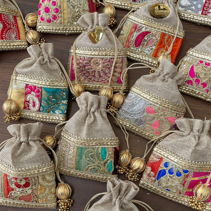 10 Pc | Jute Fabric Ginni Coin Pouch With Vibrant Patchwork For Festive Gifting