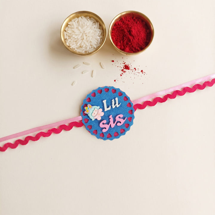 Handmade "Lil Sis" Doll Theme Felt Kids Rakhi With Roli Chawal For Sister