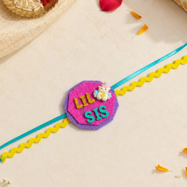 Handmade "Lil Sis" Unicorn Theme Felt Kids Rakhi With Roli Chawal For Sister