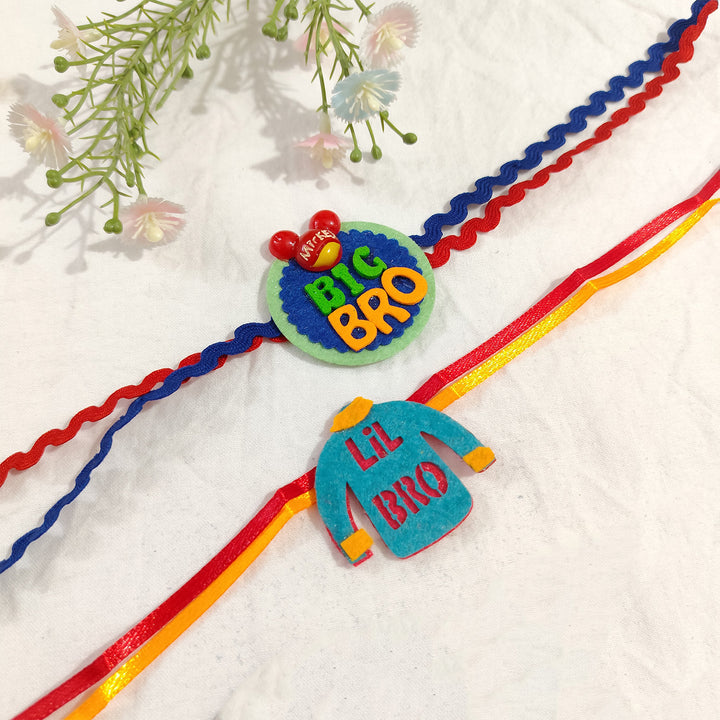 Handmade "Big Bro" Mickey Blue & "Lil Bro" Felt Kids Rakhi Combo With Roli Chawal For Brothers | Set Of 2