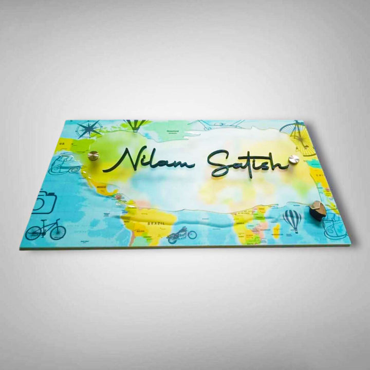 Personalized World Map Theme Acrylic Name Plate With 3D Letters