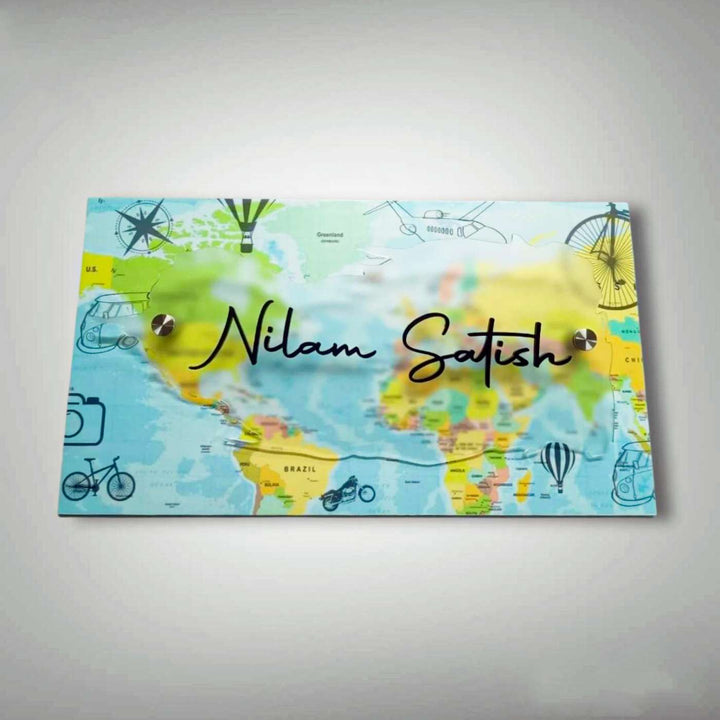 Personalized World Map Theme Acrylic Name Plate With 3D Letters