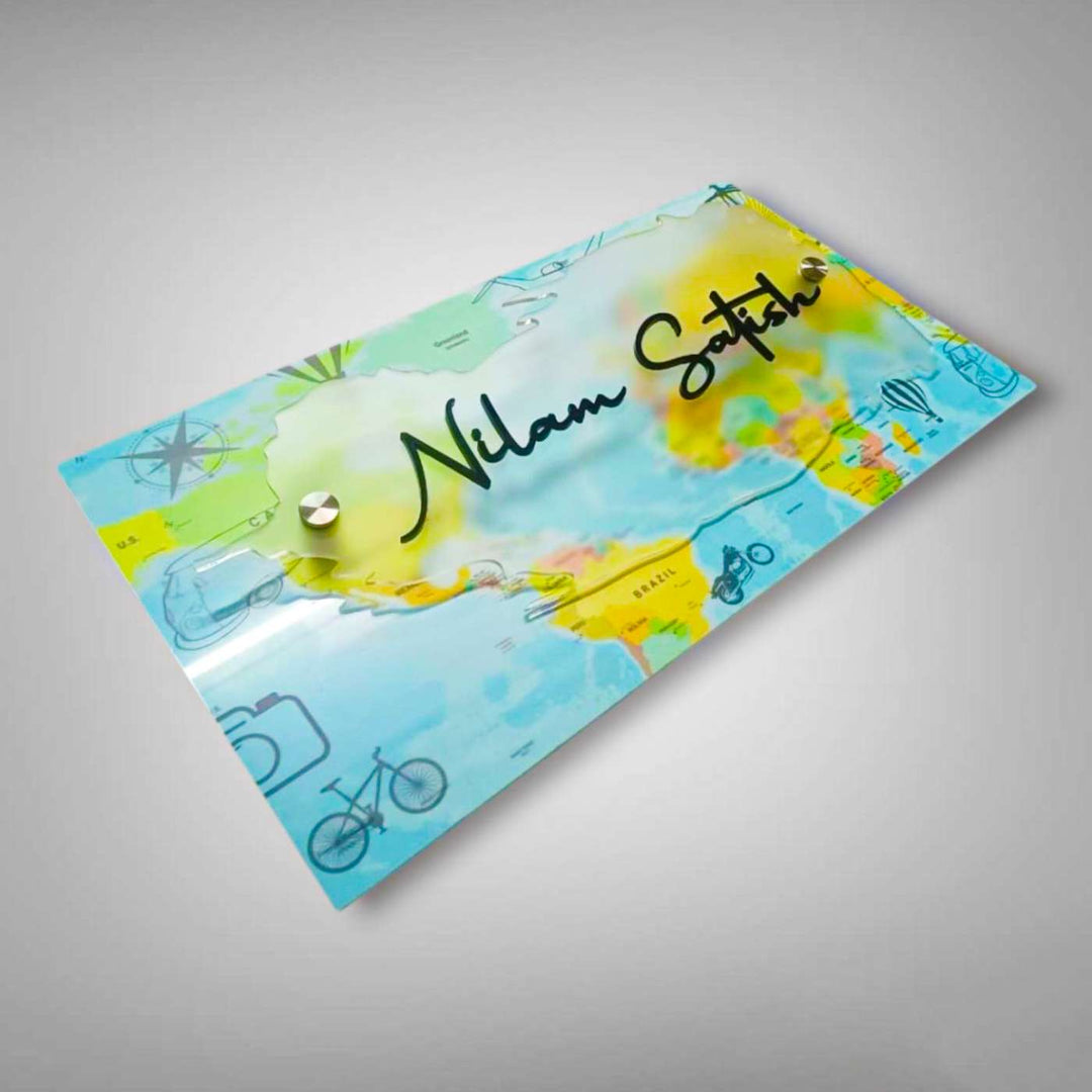 Personalized World Map Theme Acrylic Name Plate With 3D Letters