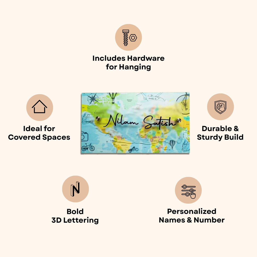 Personalized World Map Theme Acrylic Name Plate With 3D Letters
