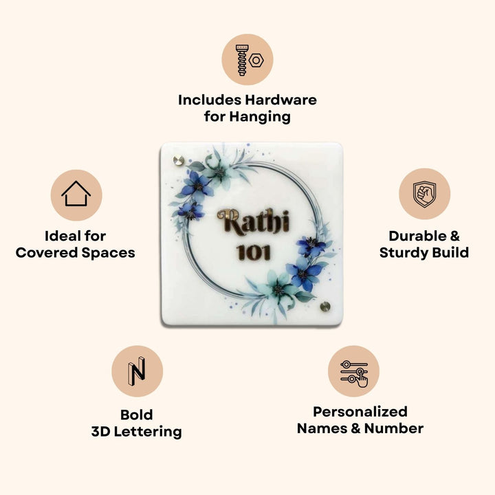 Personalized 3D Square Floral Theme Acrylic Name Plate