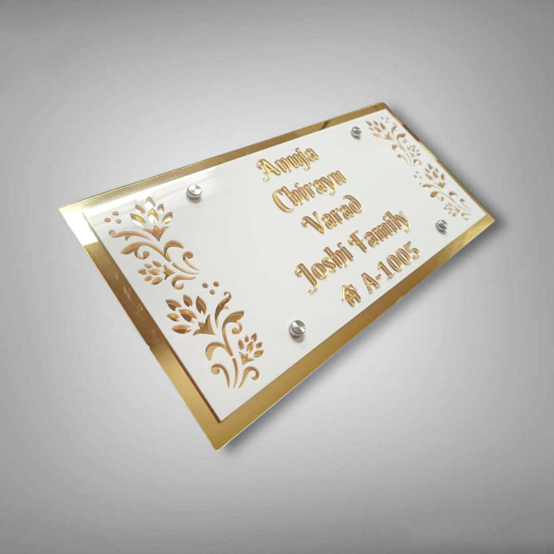 Personalized White & Gold Floral Theme Acrylic Name Plate