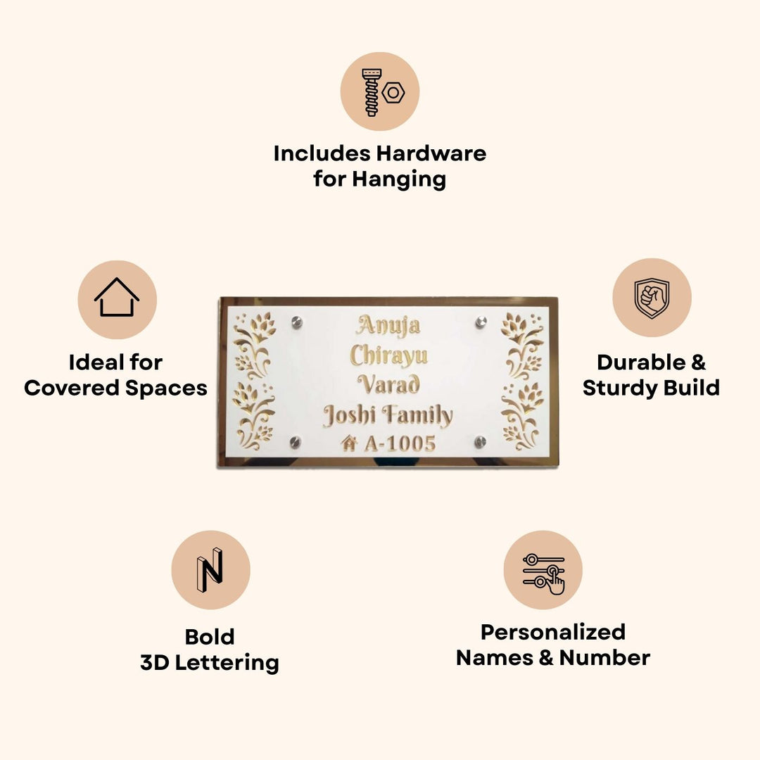 Personalized White & Gold Floral Theme Acrylic Name Plate