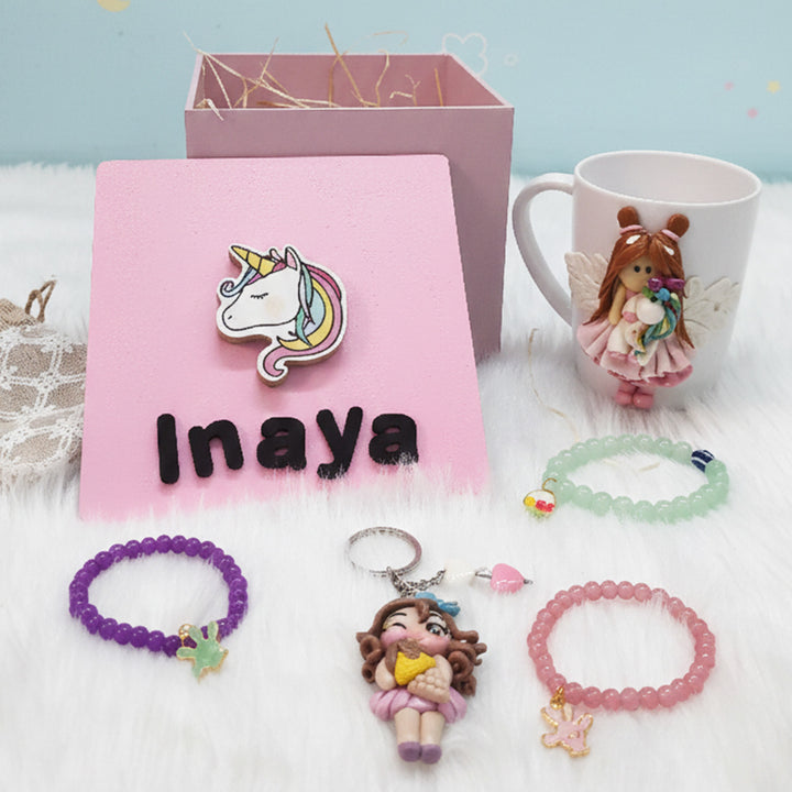 Unicorn Personalized Handmade Hamper | Includes 1 Box, 1 Mug, 1 Keychain , 3 Bracelets & 1 Potli