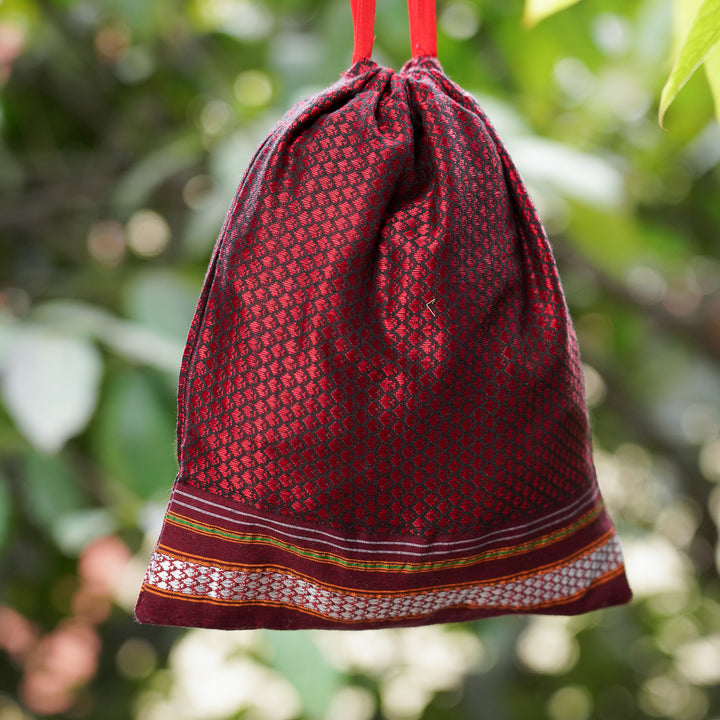 Handmade Maroon Khunn Fabric Cotton Thamboolam Potli with Maroon Border
