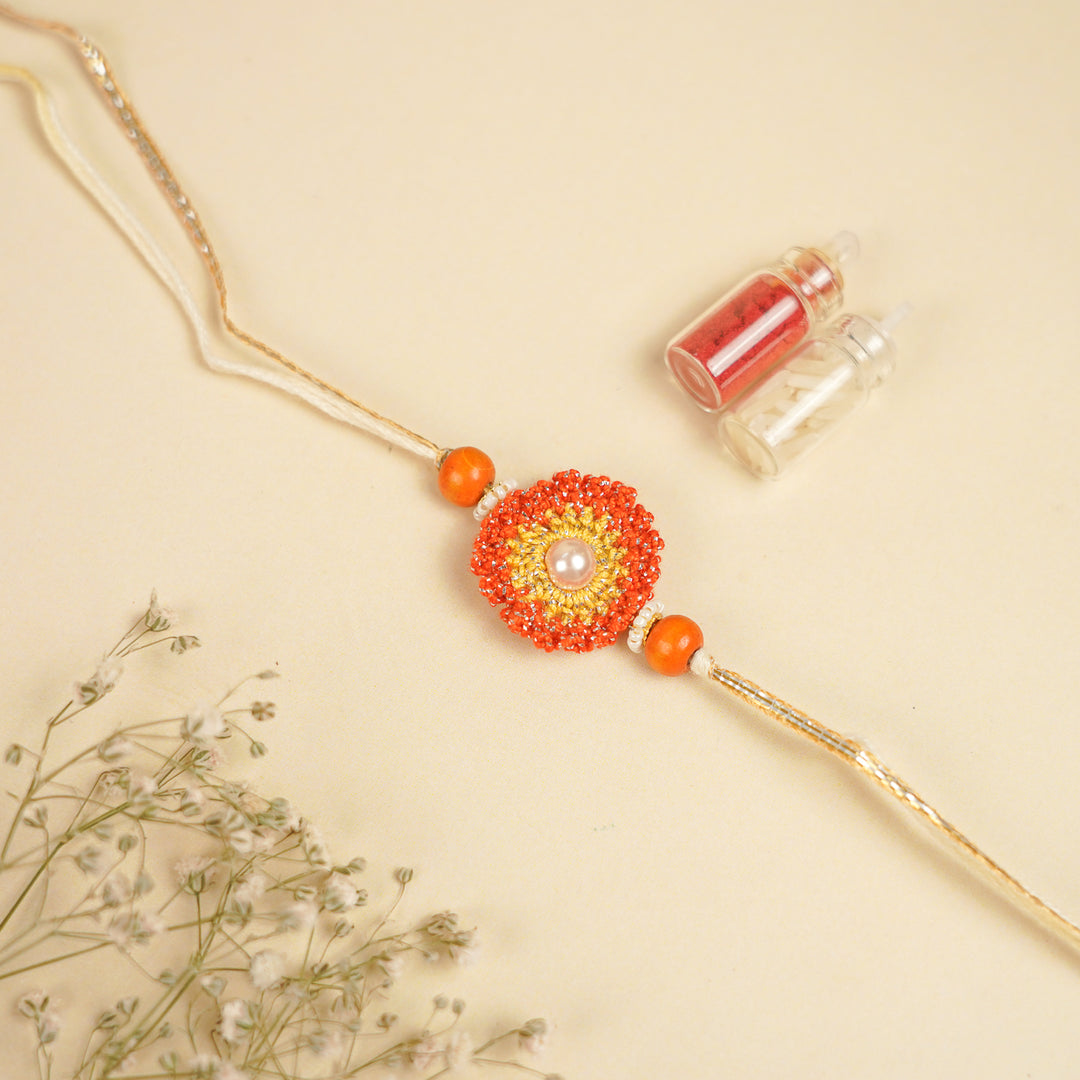 Handmade Crochet Pearl Embellished Rakhi With Roli Chawal For Brother | Set Of 2