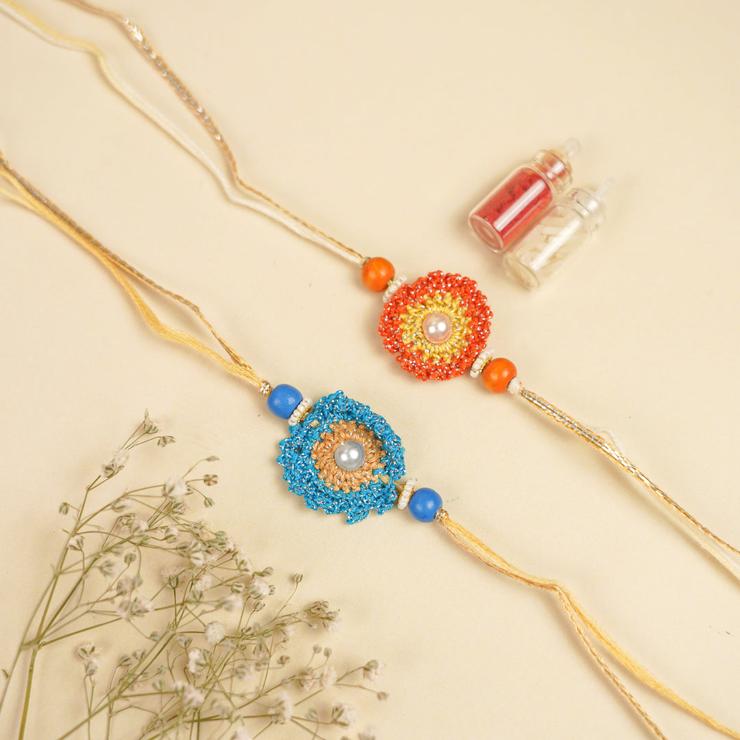Handmade Crochet Pearl Embellished Rakhi With Roli Chawal For Brother | Set Of 2