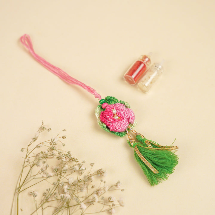 Handmade Pink Embroidered Rose Bhaiya Bhabhi Rakhi With Roli Chawal | Set Of 2
