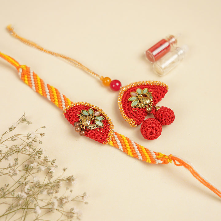 Handmade Crochet Peacock Bhaiya Bhabhi Rakhi With Roli Chawal | Set Of 2