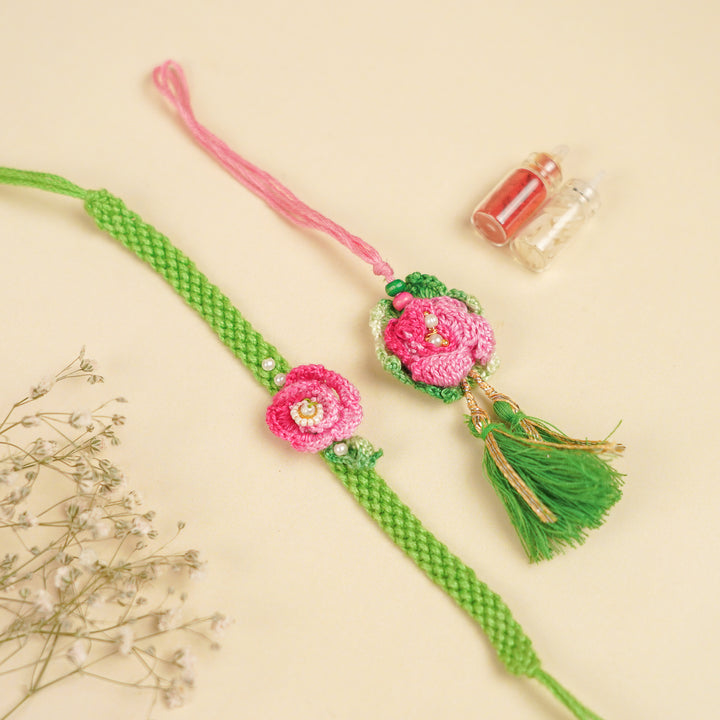 Handmade Pink Embroidered Rose Bhaiya Bhabhi Rakhi With Roli Chawal | Set Of 2