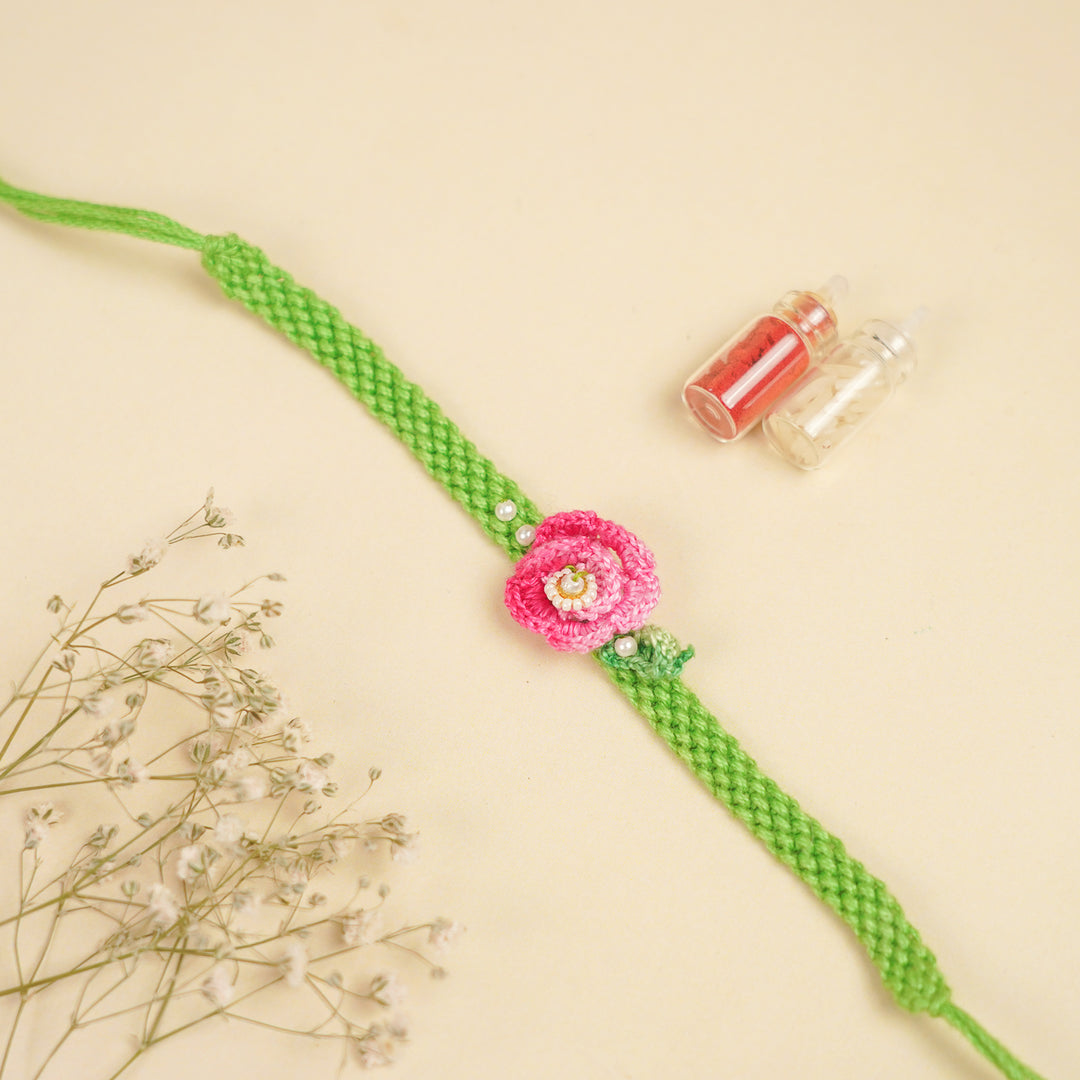 Handmade Pink Embroidered Rose Bhaiya Bhabhi Rakhi With Roli Chawal | Set Of 2