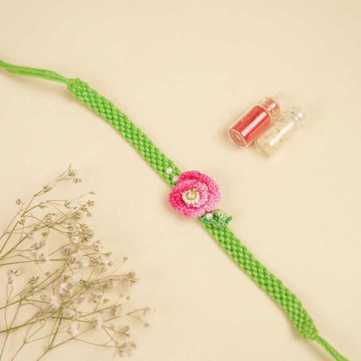 Handmade Pink Embroidered Rose Bhaiya Bhabhi Rakhi With Roli Chawal | Set Of 2