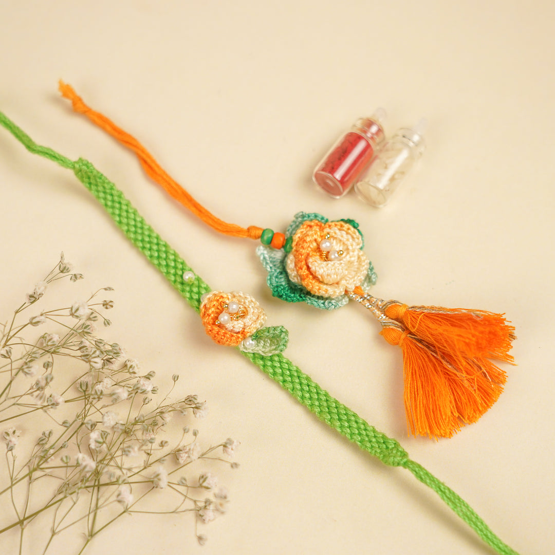 Handmade Orange Rose Bhaiya Bhabhi Rakhi With Roli Chawal | Set Of 2