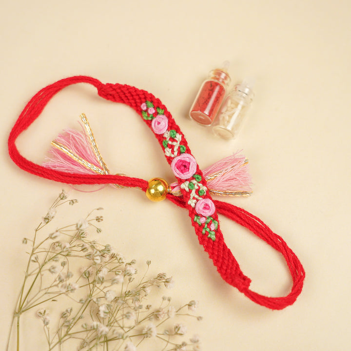 Handmade Embroidered Pink & Red Rose Bhaiya Bhabhi Rakhi With Roli Chawal | Set Of 2