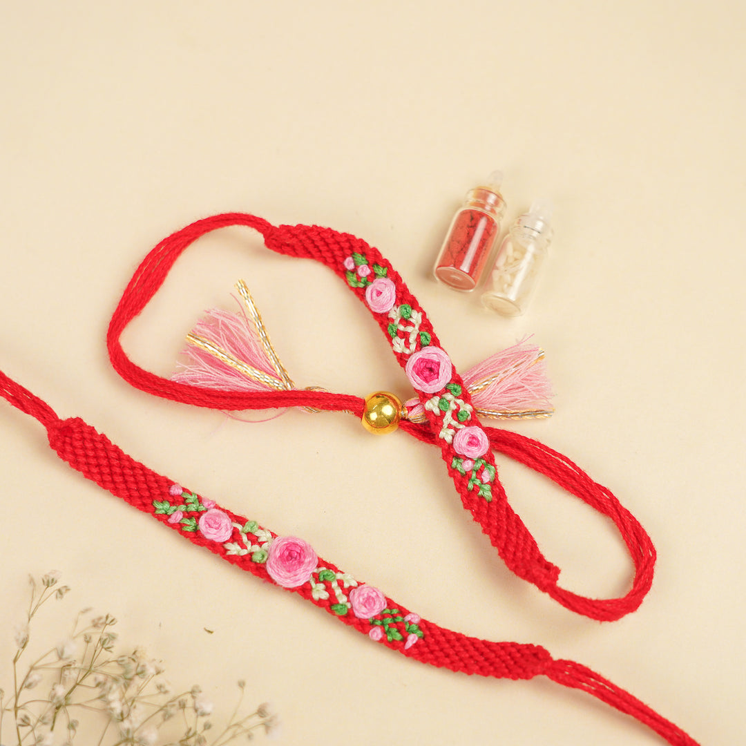 Handmade Embroidered Pink & Red Rose Bhaiya Bhabhi Rakhi With Roli Chawal | Set Of 2