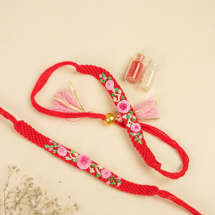 Handmade Embroidered Pink & Red Rose Bhaiya Bhabhi Rakhi With Roli Chawal | Set Of 2