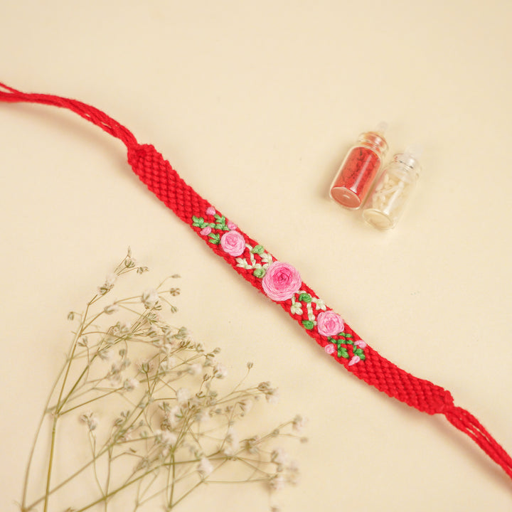 Handmade Embroidered Pink & Red Rose Bhaiya Bhabhi Rakhi With Roli Chawal | Set Of 2