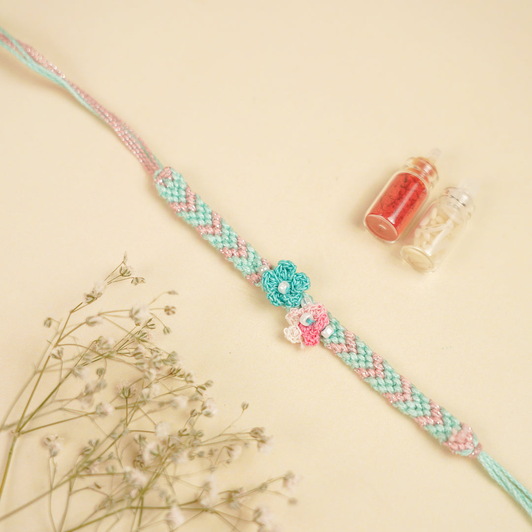 Handmade Crochet Pink & Blue Flower Kids Rakhi With Roli Chawal For Brother