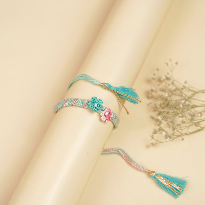Handmade Crochet Pink & Blue Flower Kids Rakhi With Roli Chawal For Brother