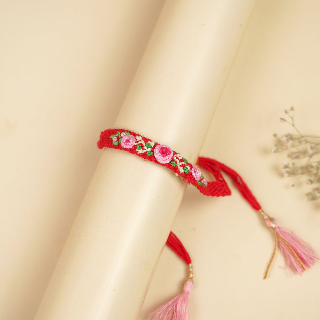 Handmade Embroidered Pink & Red Rose Bhaiya Bhabhi Rakhi With Roli Chawal | Set Of 2