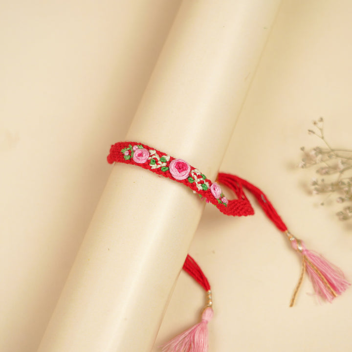 Handmade Embroidered Pink & Red Rose Bhaiya Bhabhi Rakhi With Roli Chawal | Set Of 2
