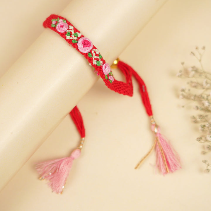 Handmade Embroidered Pink & Red Rose Bhaiya Bhabhi Rakhi With Roli Chawal | Set Of 2