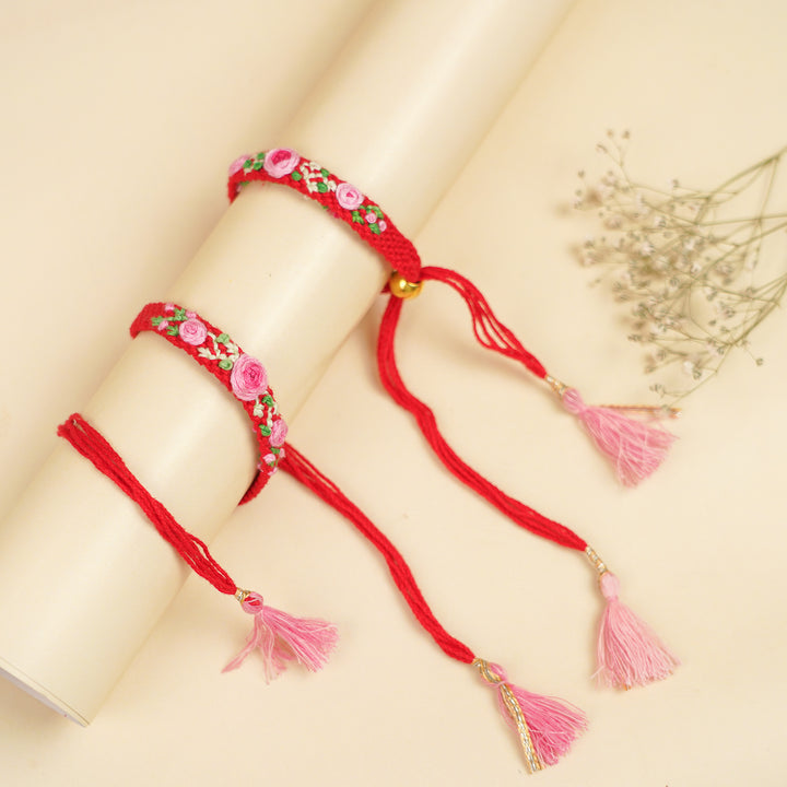 Handmade Embroidered Pink & Red Rose Bhaiya Bhabhi Rakhi With Roli Chawal | Set Of 2