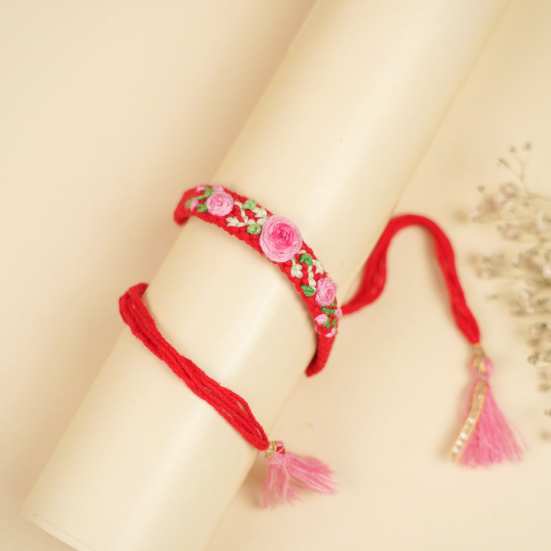 Handmade Embroidered Pink & Red Rose Bhaiya Bhabhi Rakhi With Roli Chawal | Set Of 2