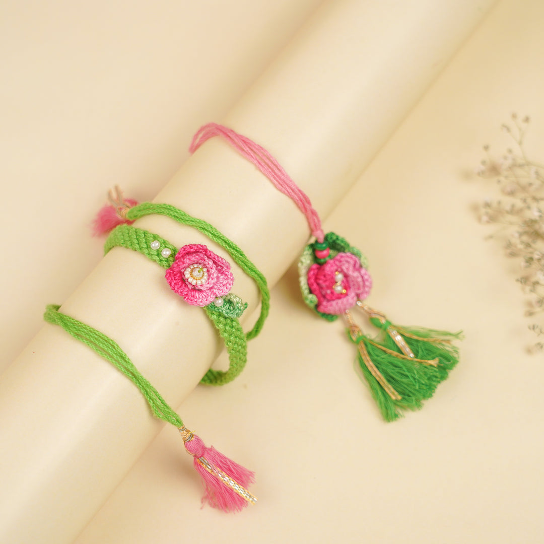 Handmade Pink Embroidered Rose Bhaiya Bhabhi Rakhi With Roli Chawal | Set Of 2