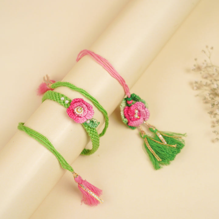 Handmade Pink Embroidered Rose Bhaiya Bhabhi Rakhi With Roli Chawal | Set Of 2