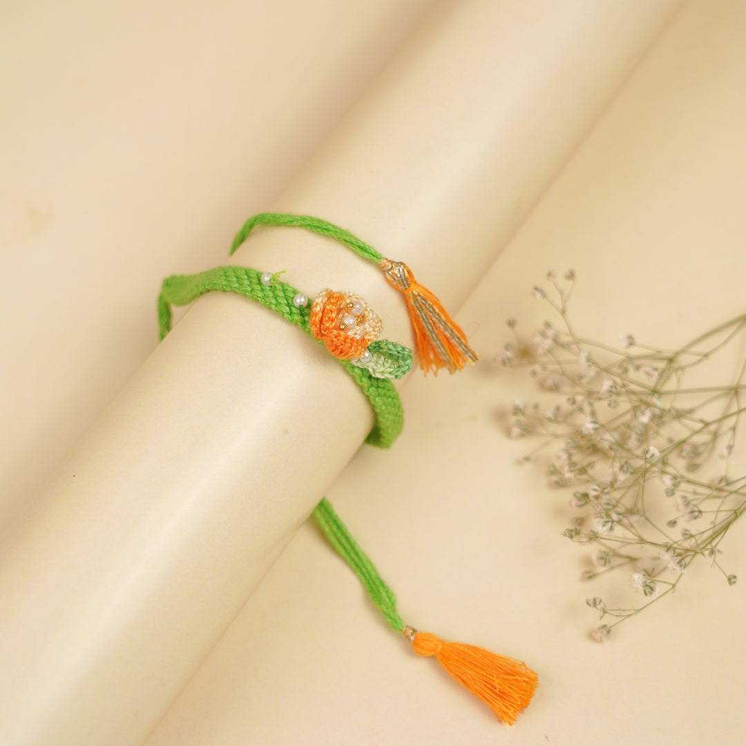 Handmade Orange Rose Bhaiya Bhabhi Rakhi With Roli Chawal | Set Of 2