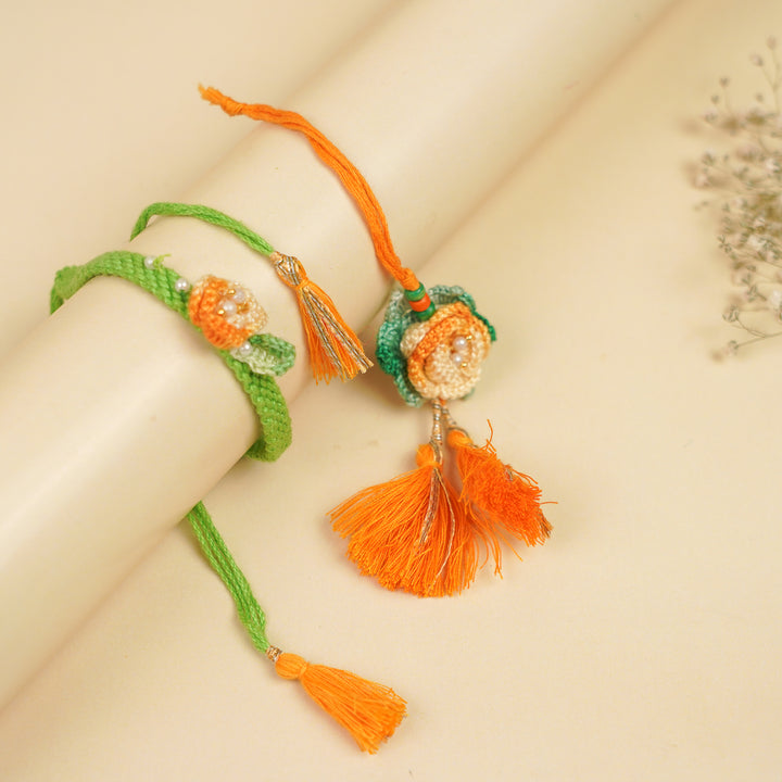 Handmade Orange Rose Bhaiya Bhabhi Rakhi With Roli Chawal | Set Of 2