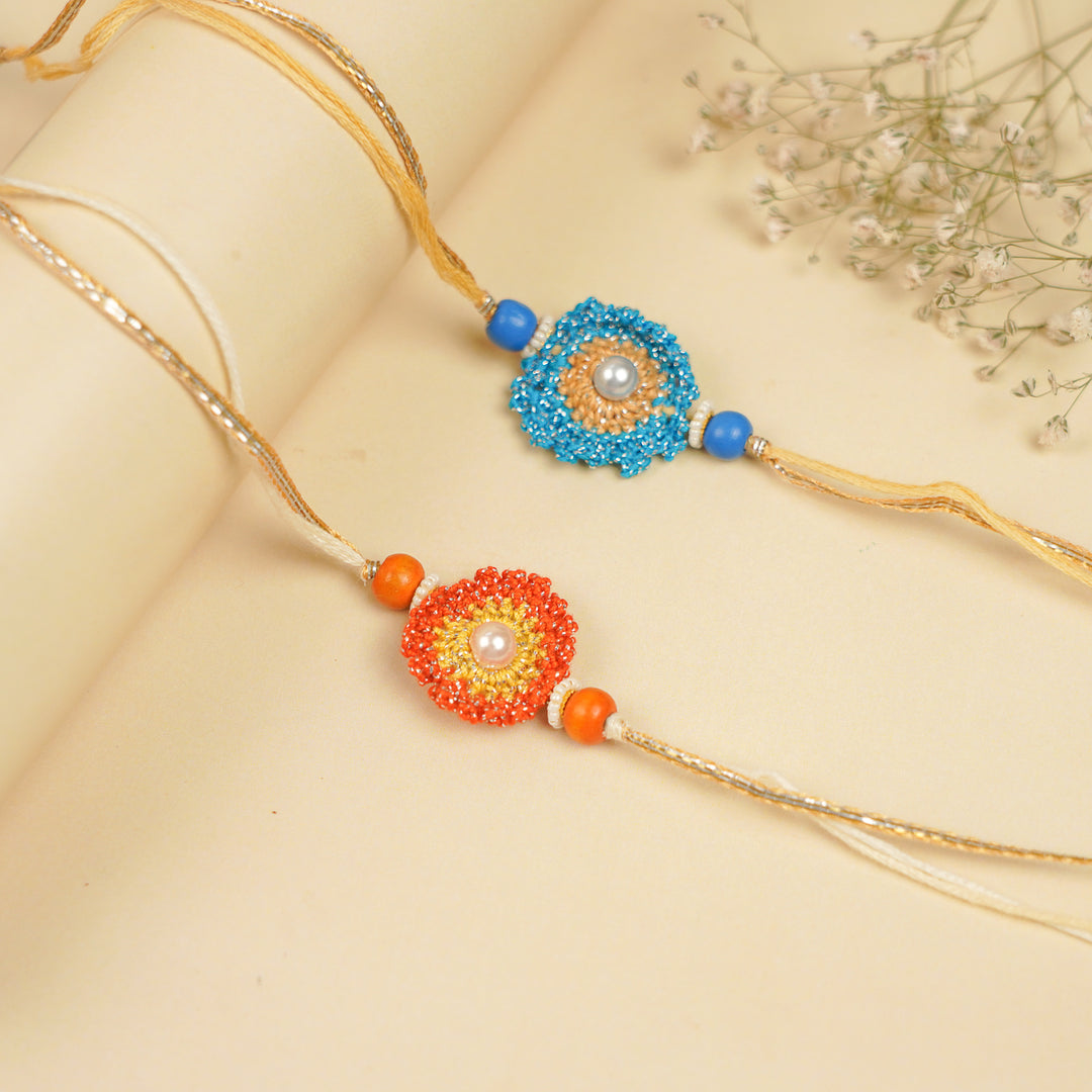 Handmade Crochet Pearl Embellished Rakhi With Roli Chawal For Brother | Set Of 2