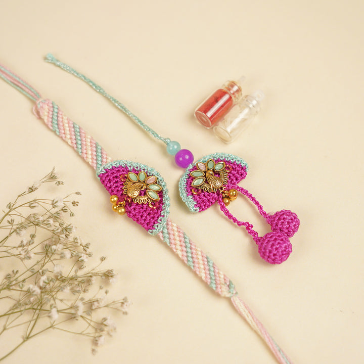 Handmade Purple Peacock Bhaiya Bhabhi Rakhi With Roli Chawal | Set Of 2