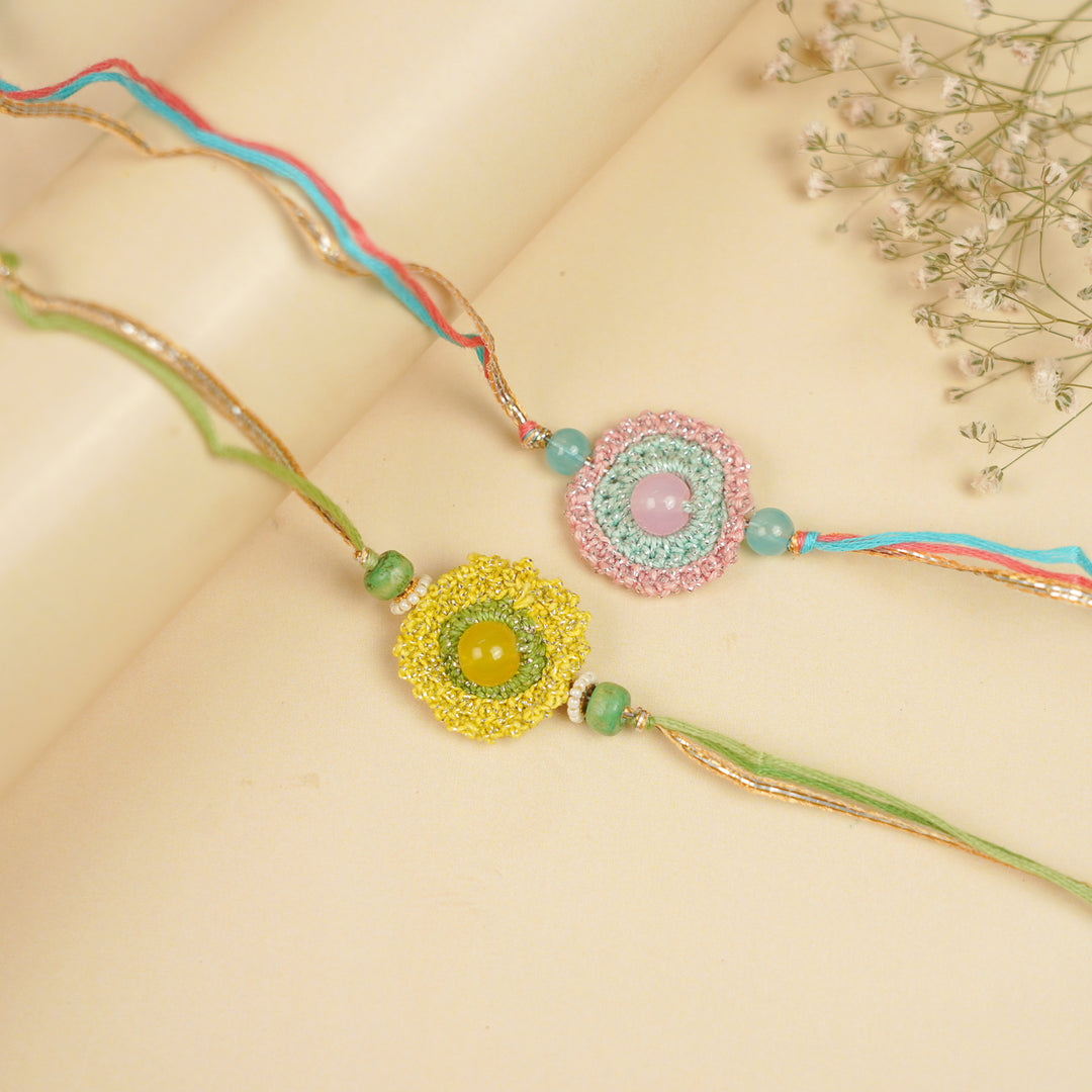 Handmade Crochet Bead Embellished Rakhi With Roli Chawal For Brother | Set Of 2