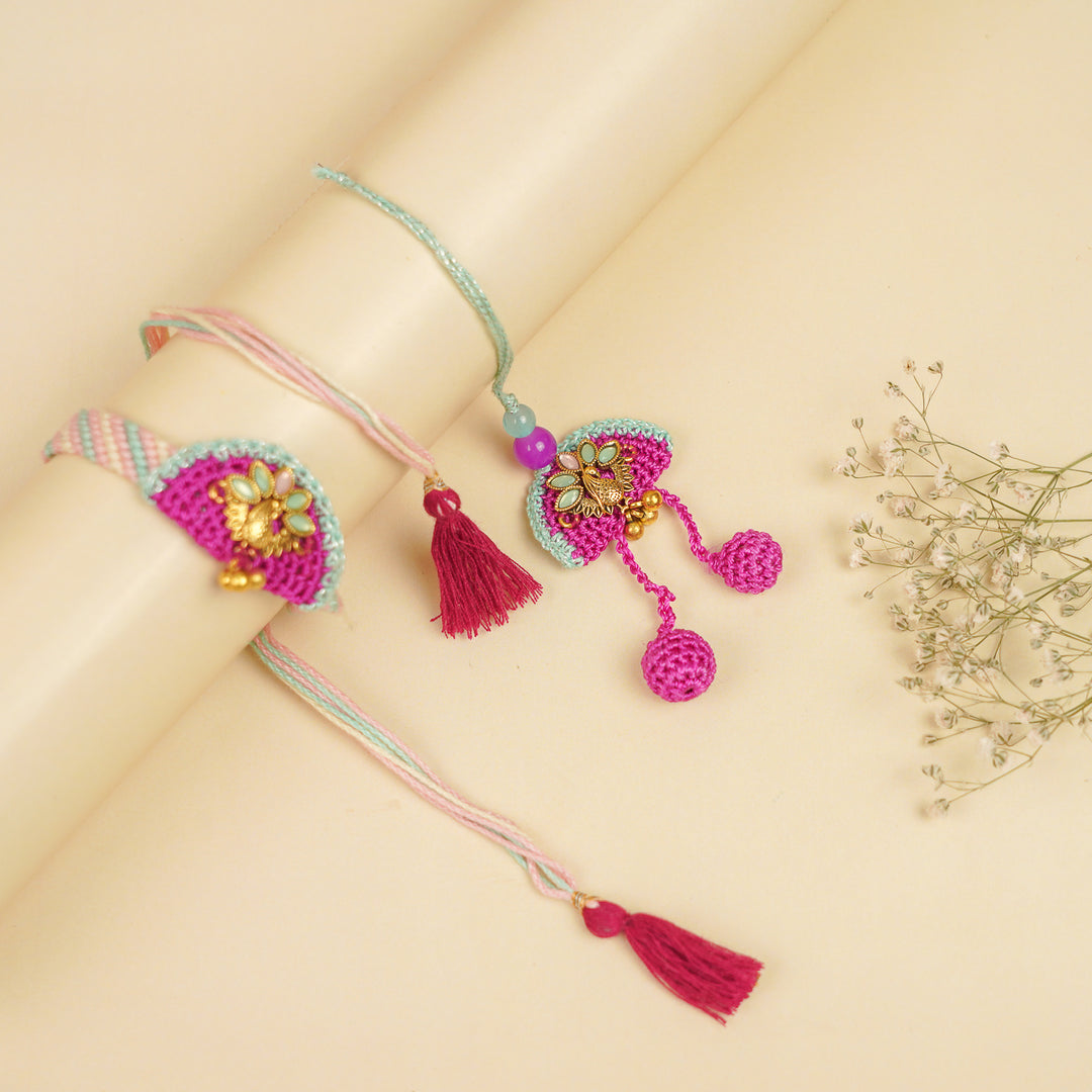 Handmade Purple Peacock Bhaiya Bhabhi Rakhi With Roli Chawal | Set Of 2