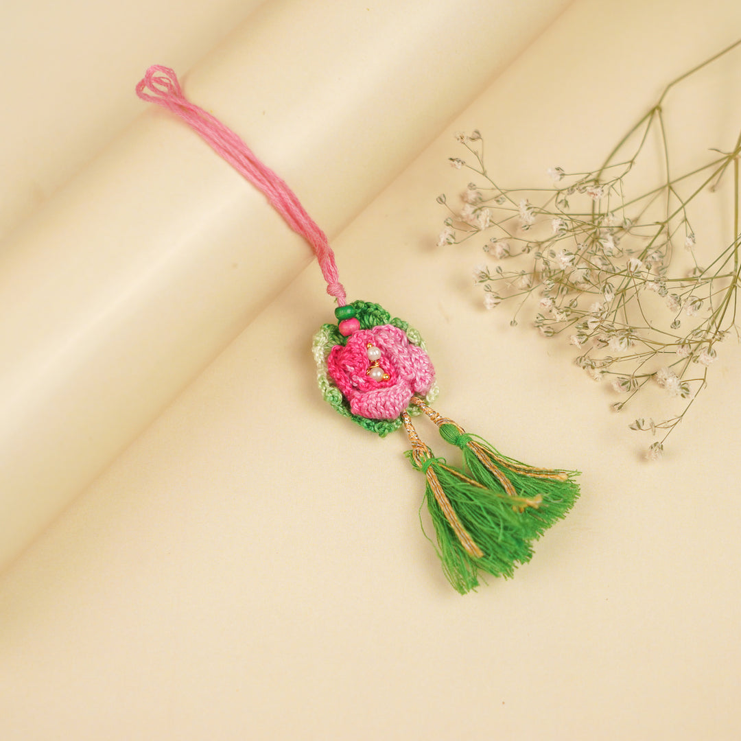 Handmade Pink Embroidered Rose Bhaiya Bhabhi Rakhi With Roli Chawal | Set Of 2