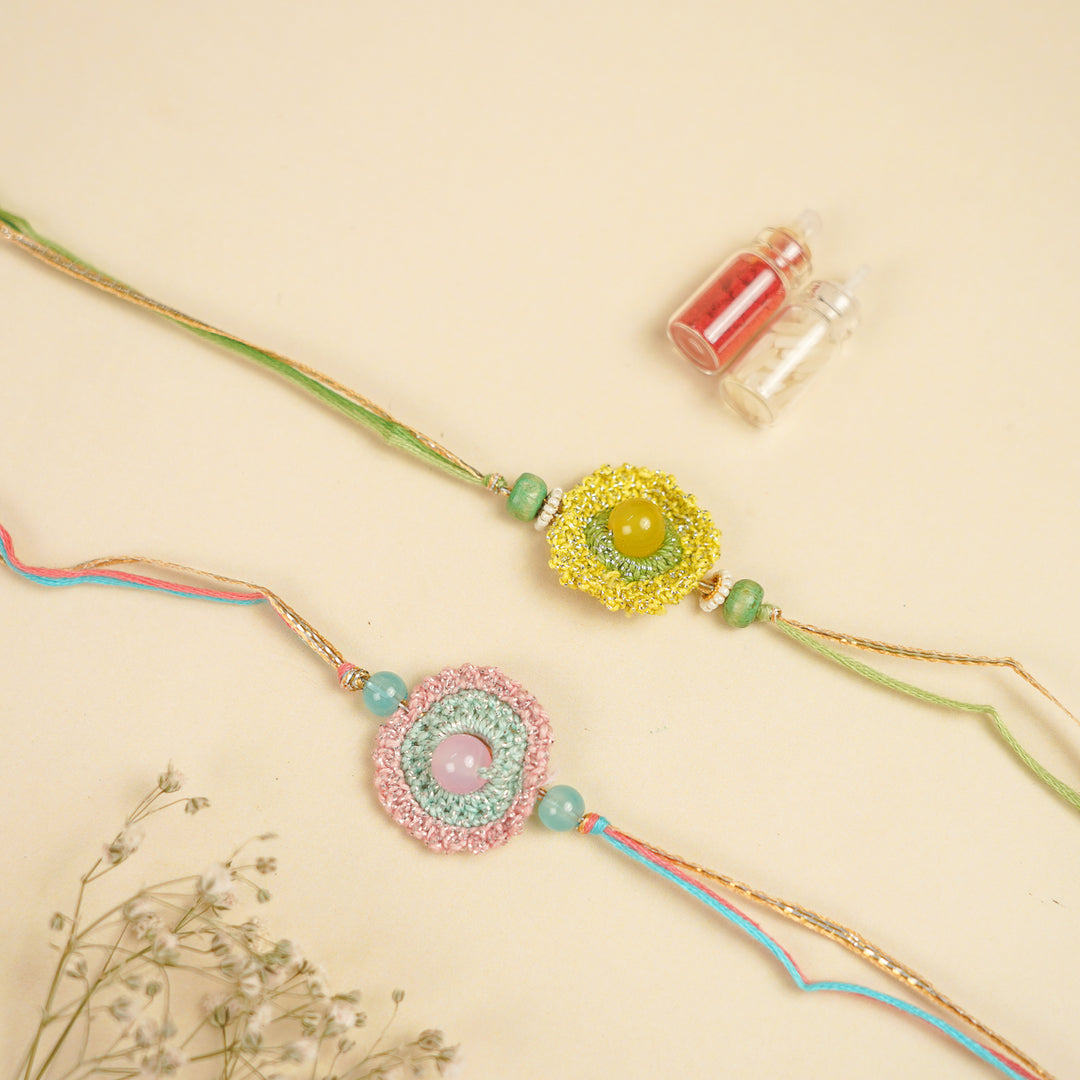 Handmade Crochet Bead Embellished Rakhi With Roli Chawal For Brother | Set Of 2