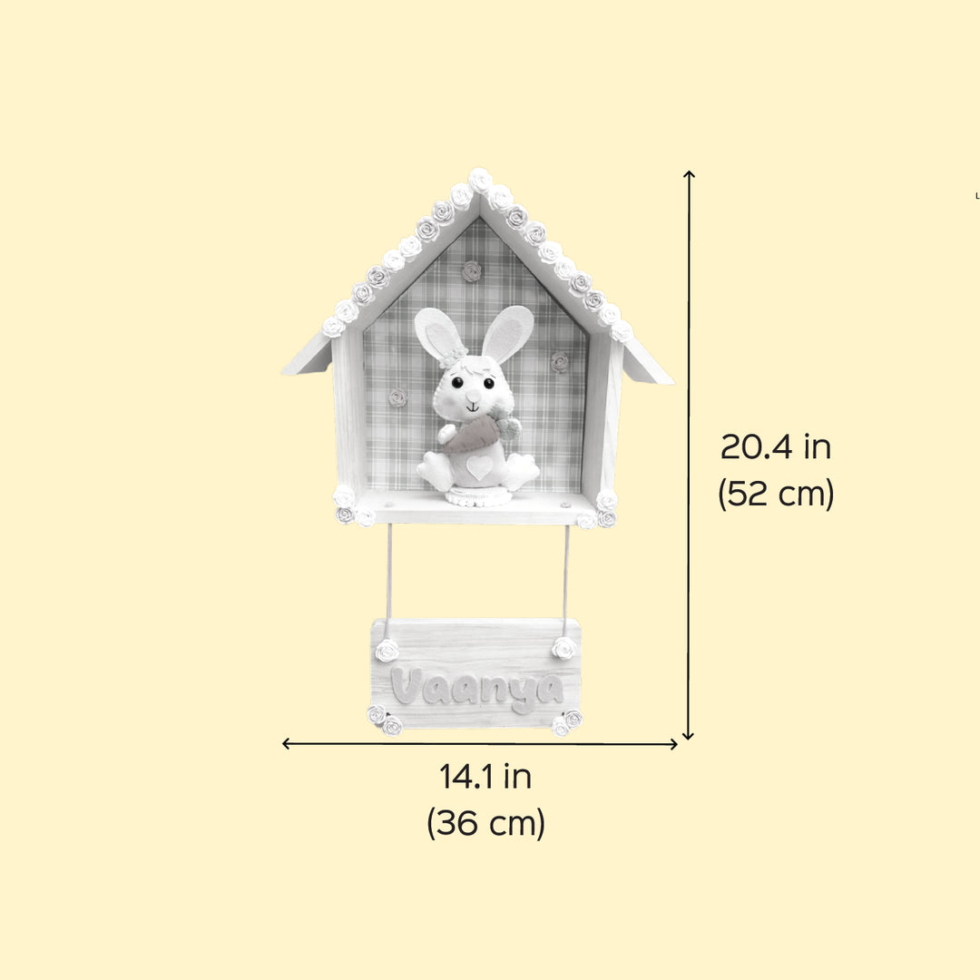 Personalized Felt Bunny On a Wooden House Shaped Nameplate