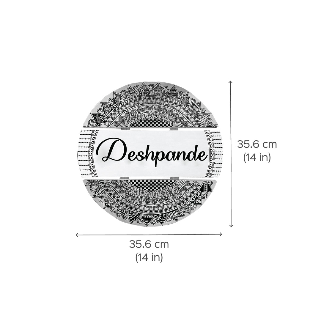 Handcrafted Personalized Mandala Round Pinewood Name Plate 3 - Dimension Chart with Name Example