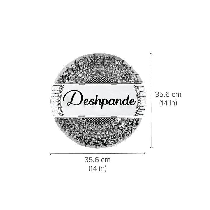 Handcrafted Personalized Mandala Round Pinewood Name Plate 3 - Dimension Chart with Name Example