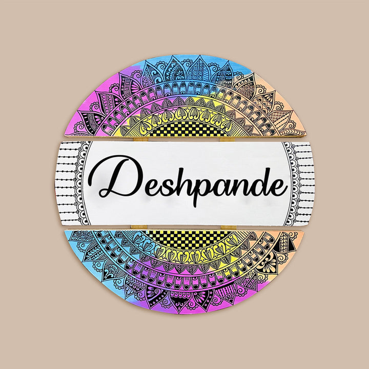 Handcrafted Personalized Mandala Round Pinewood Name Plate 3 - Front View with Name Personalization