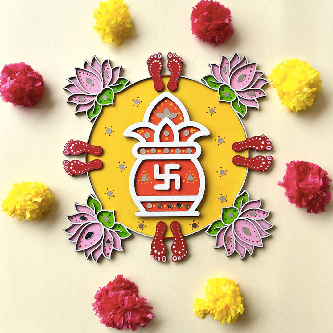 Hand-Painted Kalash, Lotus & Lakshmi Feet Mdf Rangoli With Mirror Work For Festive Decor