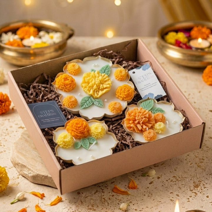 Handmade Kamal Marigold Design Metal Urli Soy Wax Scented Candle For Festive Decor