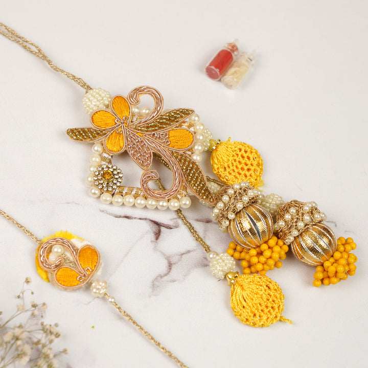 Handmade Zardozi Pearl & Stone Embellished Yellow Bhaiya Bhabhi Rakhi | Set Of 2
